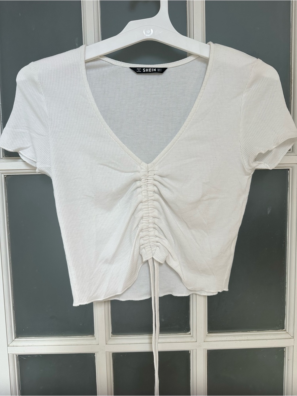 SHEIN White Ribbed Drawstring V-Neck Crop Top